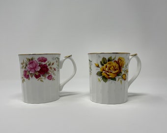 Two Vintage Elizabethan fine bone China Tea cup Mugs, England, Anniversary rose series, Smiling Through.