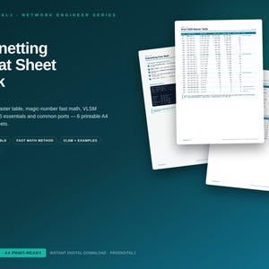 May include: A Subnetting Cheat Sheet Pack featuring six printable A4 reference sheets with an IPv4 CIDR master table, magic-number fast math, VLSM workflow, IPv6 essentials, and common ports. The text includes PRODIGITALJ NETWORK ENGINEER SERIES.