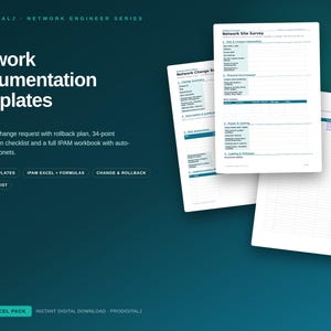 Può includere: Un set di modelli di documentazione di rete che include un sondaggio del sito, una richiesta di modifica con piano di rollback, una lista di controllo di audit a 34 punti e una cartella di lavoro IPAM su sfondo verde acqua scuro.