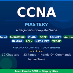 May include: A blue and white book cover with the title "CCNA MASTERY" and the subtitle "A Beginner's Complete Guide." The cover includes key networking terms and details about the book's content, including 10 chapters and 33 pages.