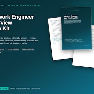 May include: A digital Network Engineer Interview Prep Kit featuring a dark teal cover with white text, accompanied by two white document pages. The text includes 'Network Engineer Interview Prep Kit', '101 real interview questions', and '22-page PDF + XLSX'.