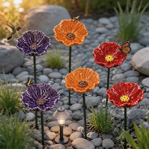Peut inclure: Un ensemble de six tuteurs de jardin en forme de fleurs en céramique violettes, orange et rouges, avec un centre texturé. Une petite lampe solaire de jardin est placée parmi les fleurs, ornées d'un colibri et de deux papillons.