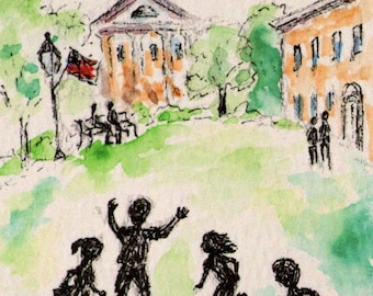 America 250 Town Square Watercolor Painting, Children Playing Art, Miniature Keepsake, Gift for Dad