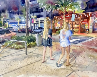 Teenage Girls Watercolor Art | Girls About Town | Best Friends Wall Art | Friendship Gift | One Loudoun Virginia | Watercolor Print