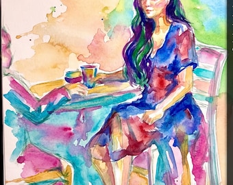 Coffee with a Friend Watercolor | Café Wall Art | Friendship Gift | Coffee Lover Decor | Original Watercolor Painting