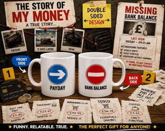 Payday vs Bank Balance UK Road Sign Mug | Office Humour Coffee Cup