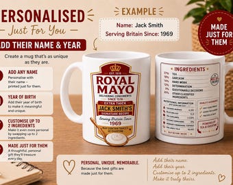Personalised Royal Mayo Mug | Custom Name, Year, Ingredients Postman Gift