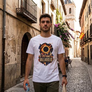 Op de afbeelding: Een wit T-shirt met korte mouwen en een grafische print van een zonsverduistering boven een stadssilhouet. Het ontwerp bevat de tekst VALLADOLID en 12 AGOSTO 2026 in een cirkelvormige opstelling met oranje, gele en donkerblauwe kleuraccenten.