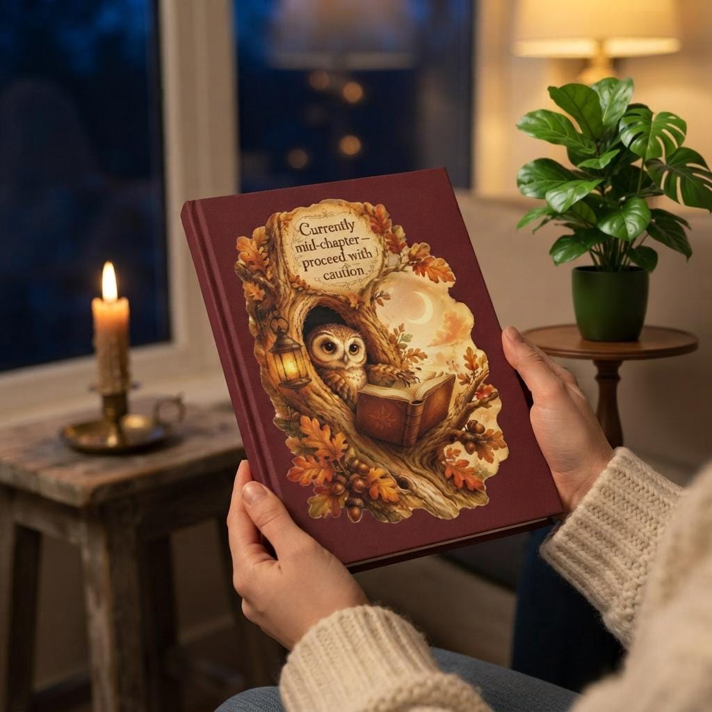 Owl Reading Journal, Hardcover Notebook Gift for Book Lovers, Cozy Autumn Gift for Her, Woodland Rea