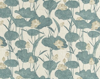1/2 YARD Lotus Floral Linen Blend Upholstery Print Fabric for Furniture and Home Decor