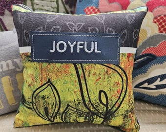 Joyful 8x8 Inch Decorative Pillow, Original Art Linen Print, Home Decor
