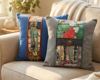Custom Artisan Pillow Cover, Mixed Media Fabric Art, 18x18 (Made To Order)