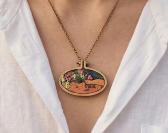Desert Rose Embroidery Hoop Necklace, Satin Fabric Artwork, 18 Inch Chain