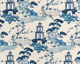 Sapphire Pagoda Print Upholstery Fabric: Heavy Duty, Liquid Repellent Polyester Linen