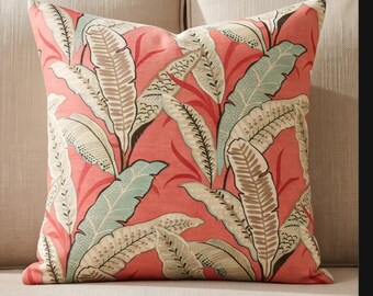 Coral Tropical Leaf Linen Print Fabric - 18x18 Throw Pillow