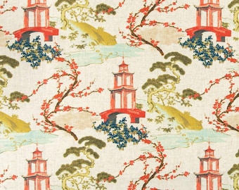 Bouquet Print Linen Blend Upholstery Fabric, Asian Pagoda Home Decor Yardage