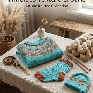 Peut inclure: Un pull en tricot turquoise avec un empiècement à motifs rouille, une paire de chaussettes torsadées assorties à revers rouille et un bonnet assorti. Inclut un mètre ruban, des aiguilles à tricoter en bois et des pelotes de laine. Texte : Timeless Texture & Style Artisan Knitted Collection Etsy Bestseller Design - Handmade with Care.