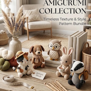 May include: A collection of crocheted amigurumi figures including a calico cat with a hat, a brown dog with a scarf, an owl with glasses, a rabbit holding a cup, and a badger with a backpack, alongside wooden crochet hooks and a measuring tape.