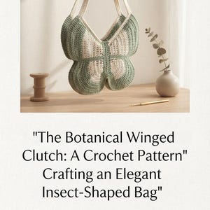 Peut inclure: Un sac au crochet en forme de papillon avec du fil vert sauge et crème. Le texte indique : The Botanical Winged Clutch: A Crochet Pattern. Crafting an Elegant Insect-Shaped Bag. Le sac présente deux longues anses et un motif en relief.
