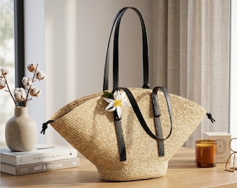 Large Straw Tote Bag, Black Leather Straps, Boho Minimalist Beach Handbag, Floral Charm Basket