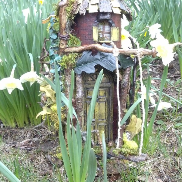 LIGHTS ON Turret Fairy Door with Leaf Awning, Swing and Tiny room upstairs