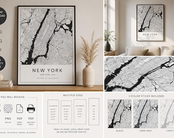 Wydruk mapy Nowego Jorku | Minimalistyczna sztuka uliczna Manhattanu (pobranie cyfrowe)