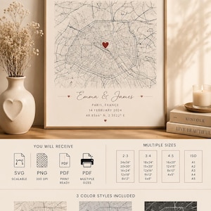 Può includere: Stampa su mappa incorniciata con un cuore che indica una località a Parigi, Francia, con il testo « Where We Met ». Include i nomi « Emma & James » e la data 14 febbraio 2024. Disponibile in più dimensioni e stili di colore.
