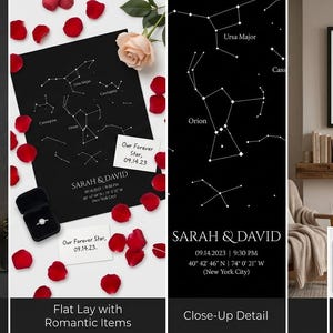 May include: A collection of star map posters featuring constellations, the names Sarah & David, a date, time, and coordinates. The designs are displayed in black, navy blue, and white, presented as framed wall art and flat lay arrangements.