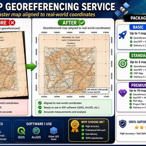 May include: A promotional graphic for a map georeferencing service. The image contrasts a scanned map with a georeferenced version, highlighting the benefits of the service. Packages and pricing are also displayed, with options for up to 10 maps.