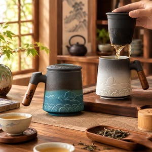 May include: Two ceramic tea mugs with wooden handles, one blue and black with a mountain and wave relief pattern, and one white and black with a similar relief pattern, featuring a removable black tea infuser basket for brewing loose leaf tea.