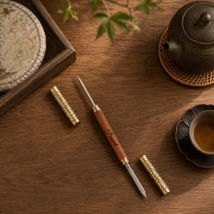 May include: A tea needle tool with a wooden handle featuring the name Daniel, two pointed metal ends, and two detachable brass caps with an embossed swirl pattern. The tool is positioned diagonally with its caps removed and placed nearby.