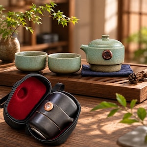 Può includere: Un set da tè con una teiera testurizzata verde chiaro e due tazze abbinate, insieme a una custodia da viaggio grigio scuro con interno rosso contenente un recipiente da tè grigio scuro. Ogni pezzo presenta un piccolo accento circolare in legno.