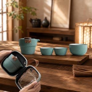 May include: A teal ceramic tea set featuring a teapot with a wooden lid, three matching cups, and a zippered carrying case. The teapot and one cup feature a small rectangular wooden label with the text "Reid" engraved on the surface.