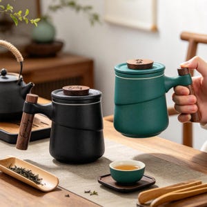 Könnte beinhalten: Ein mattschwarzer Keramik-Teebecher mit einem Holzgriff, in den der Name Emily eingraviert ist, und einem passenden Holzdeckel, neben einem mattgrünen Keramik-Teebecher mit Holzgriff und Deckel sowie einer kleinen grünen Teetasse auf einem Holzuntersetzer.