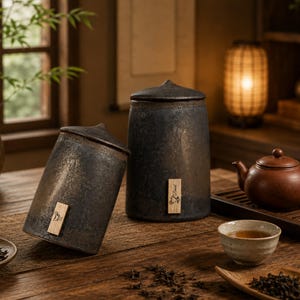 May include: Two cylindrical ceramic canisters with a dark, textured, metallic-like finish and pointed lids. Each canister features a small, rectangular, light-coloured wooden label attached to the front, displaying a small logo and the text "P. David".