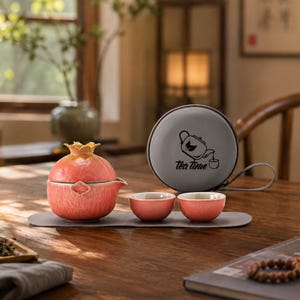 May include: A ceramic tea set featuring a pomegranate-shaped teapot with a textured pink and orange gradient finish, two matching small round tea cups, and a grey circular carrying case with the text tea time and a teapot graphic printed on it.
