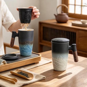 Può includere: Due tazze da tè in ceramica con manici e coperchi in legno, caratterizzate da una finitura sfumata dal grigio scuro al blu chiaro o bianco. Le tazze presentano un rilievo con motivo di montagne e onde. Un infusore nero è visibile.
