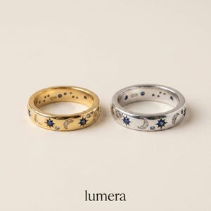 Ring hemelse maan en ster | CZ-band met blauwe saffier | Sierlijke Galaxy-ring | Minimalistische zilveren sieraden | Cadeau voor haar
