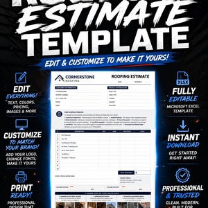Puede incluir: Plantilla de presupuesto de techado totalmente editable con un diseño azul y blanco. La plantilla incluye secciones para información del cliente y del proyecto, y está diseñada para contratistas. Descarga instantánea.