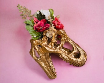 Dinosaur Floral Skulls - T-Rex Flower decor skull with stand