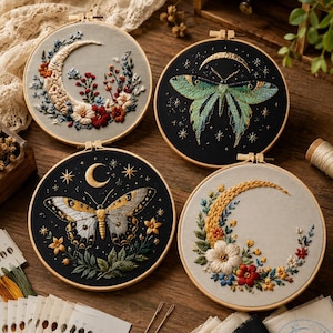 Stickset für Anfänger, vorgedrucktes Stickset mit Blumen-, Mond- und Schmetterlingsmotiven, Handstickerei-Starterset, DIY-Bastelgeschenk