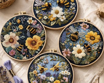 Bee Embroidery Kit, Floral DIY Embroidery Kit, Beginner Hand Embroidery Kit, Botanical Needlework Kit, Modern Hoop Art Craft Kit Gift