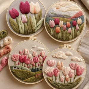 May include: Four circular wooden embroidery hoops containing fabric panels with hand-stitched tulip designs. The embroidery features various shades of pink, red, and cream tulips set against green foliage, rolling hills, and cloudy sky landscapes.