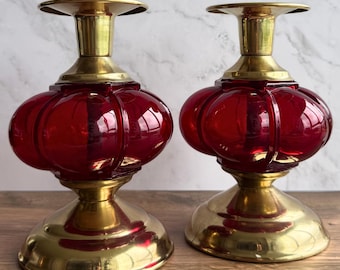 Vintage Ruby Red Glass & Brass Candlestick Holders | Pair of 1970s Hollywood Regency Candle Sticks | Mid Century Decor