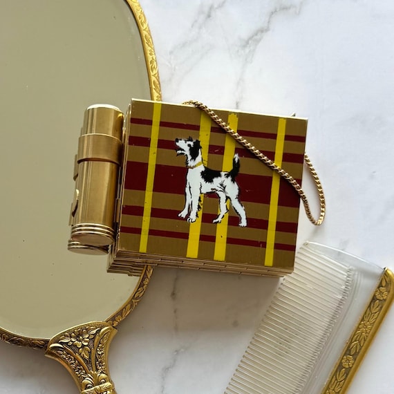 Vintage Terrier Carryall Compact | Mid Century Purse Compact with Lipstick Holder & Mirror