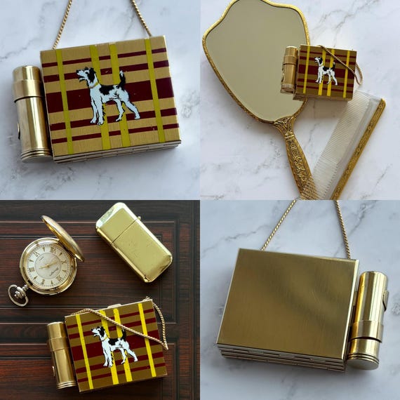 Vintage Terrier Carryall Compact | Mid Century Purse Compact with Lipstick Holder & Mirror View 6