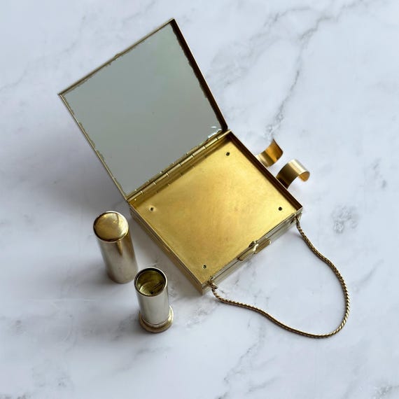 Vintage Terrier Carryall Compact | Mid Century Purse Compact with Lipstick Holder & Mirror View 3