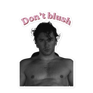 Può includere: Un adesivo con un'immagine in bianco e nero di una persona. Sopra la testa della persona, il testo "Don't blush" è scritto in rosa, in corsivo. La persona ha i capelli scuri e ricci e guarda direttamente lo spettatore.