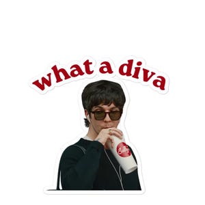 Op de afbeelding: Een gestanste sticker met een persoon met donker haar, een donkere zonnebril en een zwart shirt met lange mouwen, die een witte beker met een rood Sally's-logo vasthoudt. Boven de persoon staat de tekst what a diva in een vet rood lettertype.