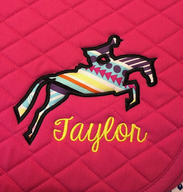 Custom English Embroidered Saddle Pad - Jumping Horse and Rider Applique with Name All Purpose or Pony